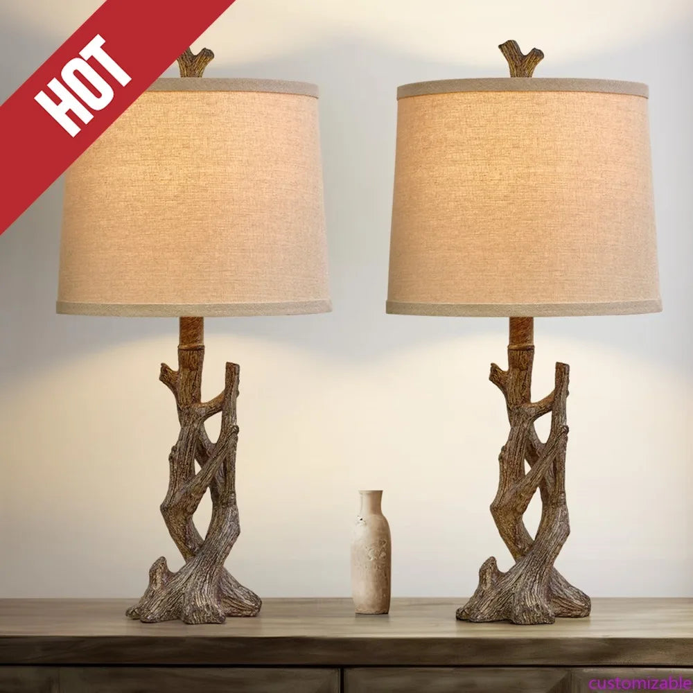 Customizable Rustic Farmhouse Table Lamp Tree Trunk Wood Grain For Bedroom