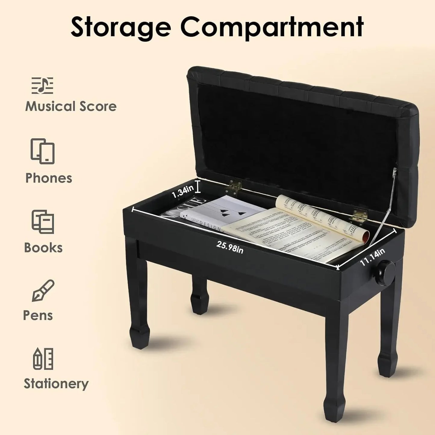 Double Piano Bench Leather With Storage Adjustable Cushion Black