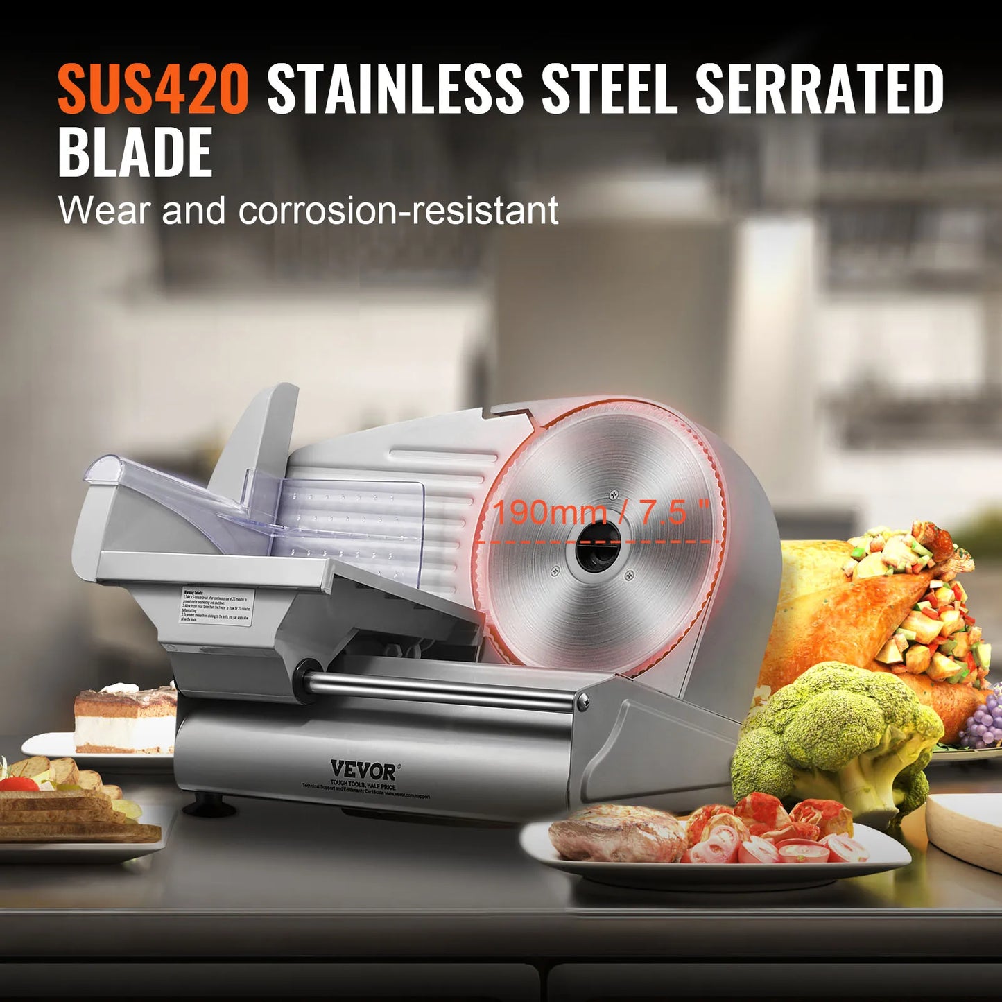 SucceBuy Electric Meat Slicer Deli SUS 420 Blade Guard Adjustable Thickness