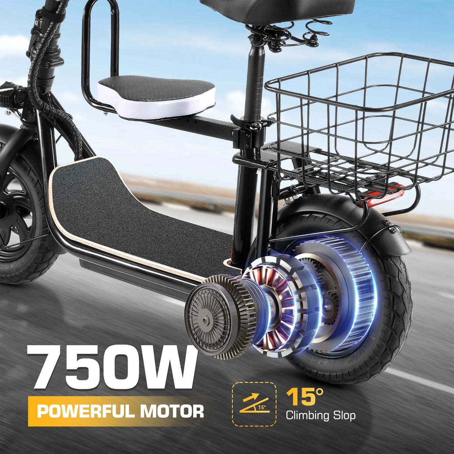Peak 1200W Electric Scooter With Kids Seat 12 Inch Shock Absorbing Tires
