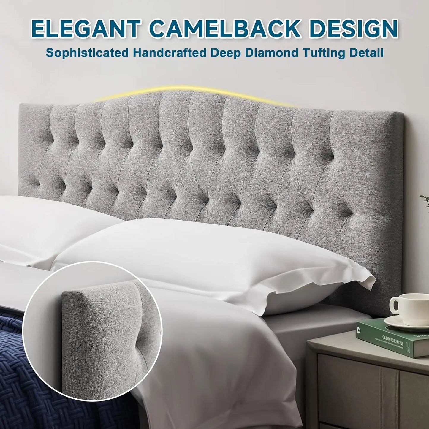 Adjustable Height King Headboard Diamond Tufted Linen Upholstered Light Gray