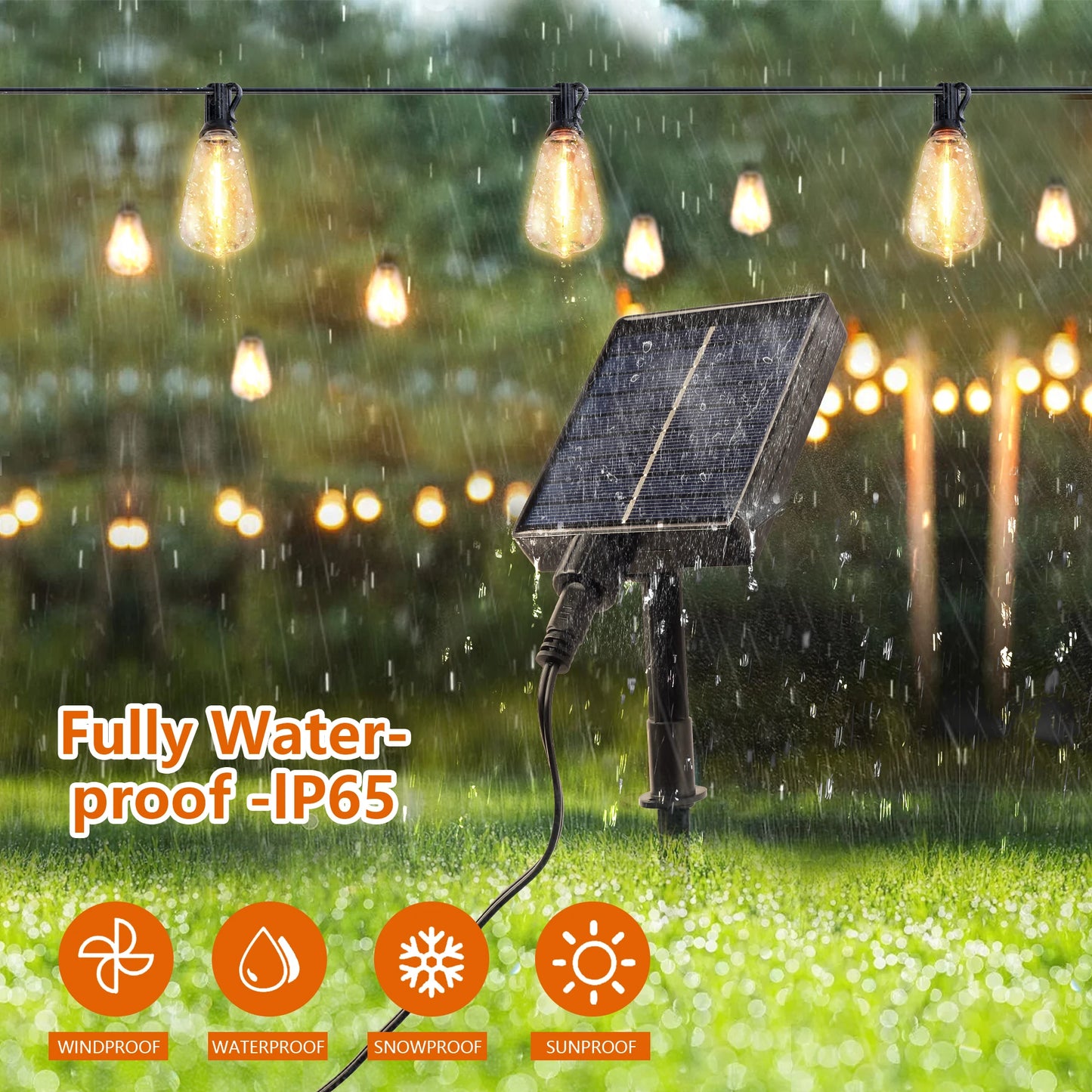 100Ft Solar Outdoor String Lights IP65 Waterproof With Replaceable Bulbs