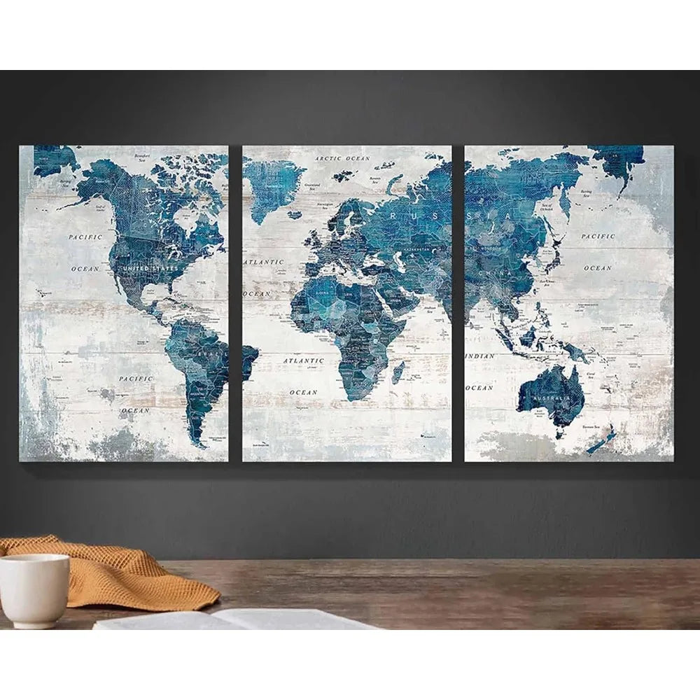 Three Piece Map Canvas Art Set For Living Room Blue Grey Wall Decor
