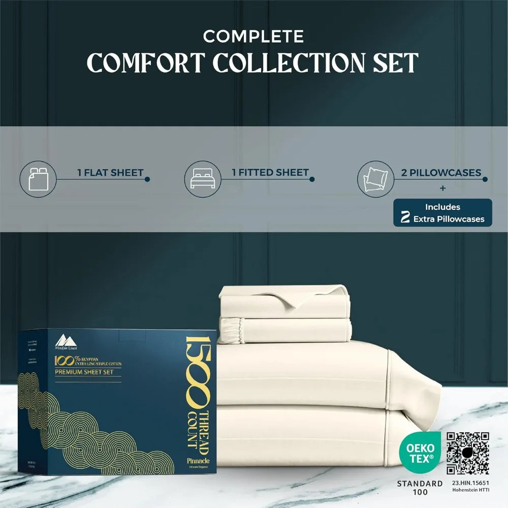 Egyptian Cotton King Size Sheet Set 4 Piece Deep Pocket Cooling Sateen Ivory