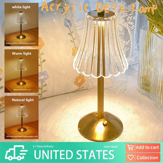 Cordless Rechargeable LED Table Lamp 3 Color Touch Dimmable Gold Finish Bedside