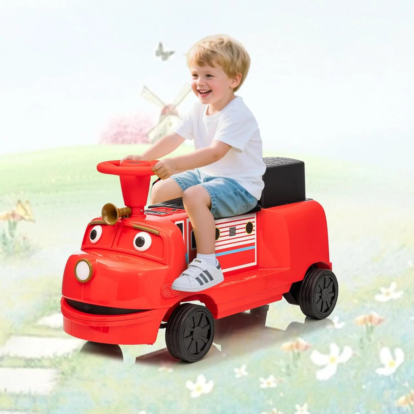2 Seater 12V Trackless Ride On Train For Kids With Adjustable Seat And Storage