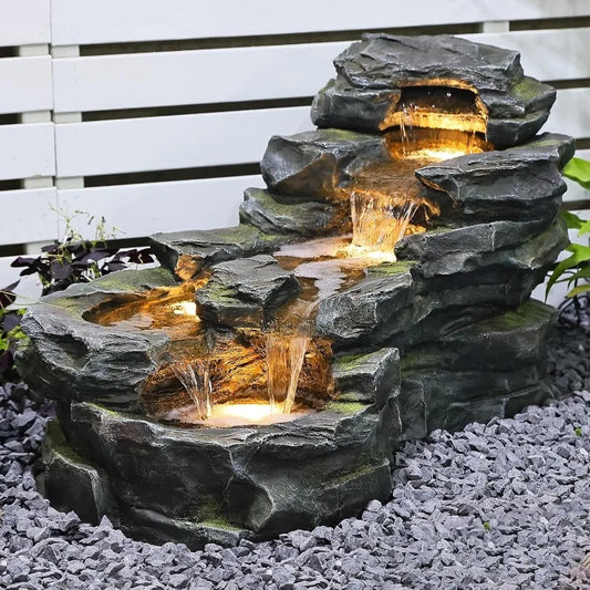 37 Inch Water Fountain Floor Standing 5 Tier Rock Waterfall LED Lights Patio