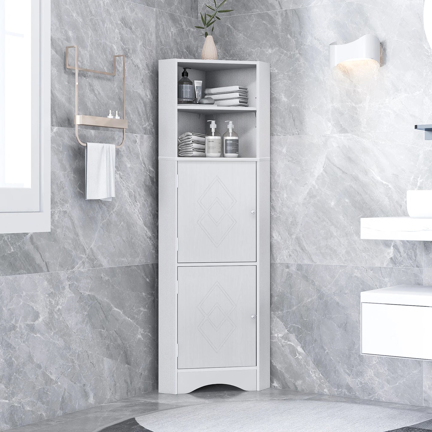 Bathroom Tall Corner Cabinet Freestanding With Doors And Adjustable Shelves