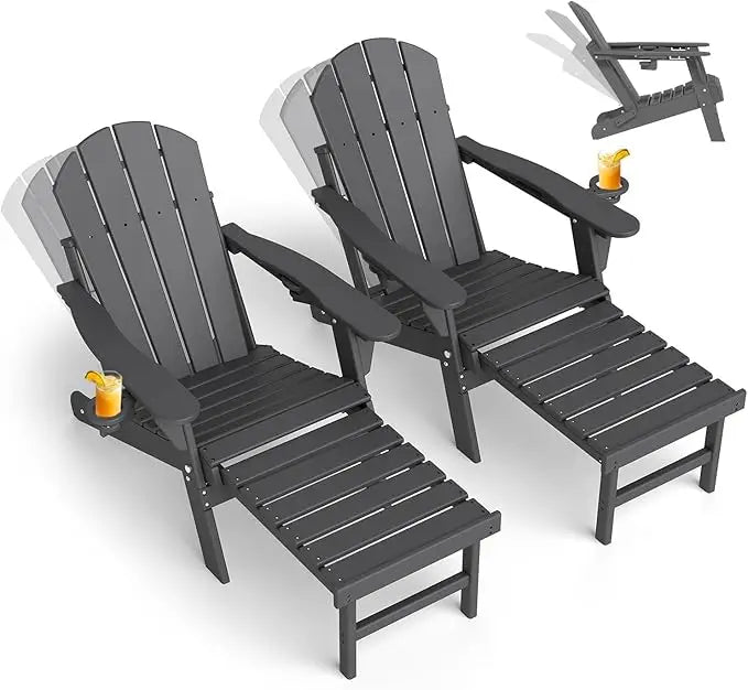 Set of 2 Adjustable Adirondack Chairs with Ottomans HDPE Plastic Folding