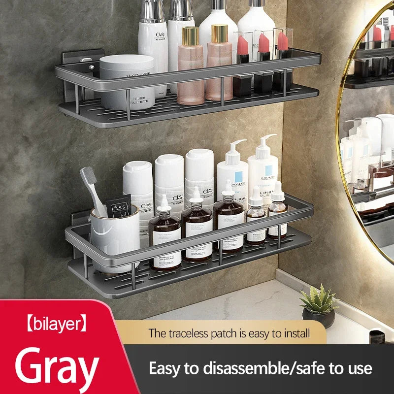 Double Tier Stainless Steel Anti-Rust Bathroom Shower Storage Rack with Suction Cups