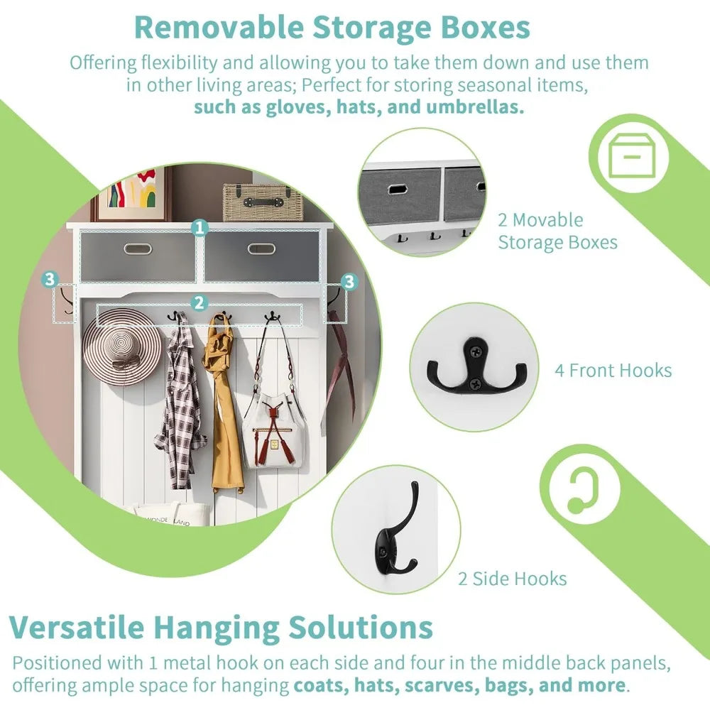 3 In 1 Hall Tree With 6 Hooks Hinged Lid Entryway Bench Storage Drawers