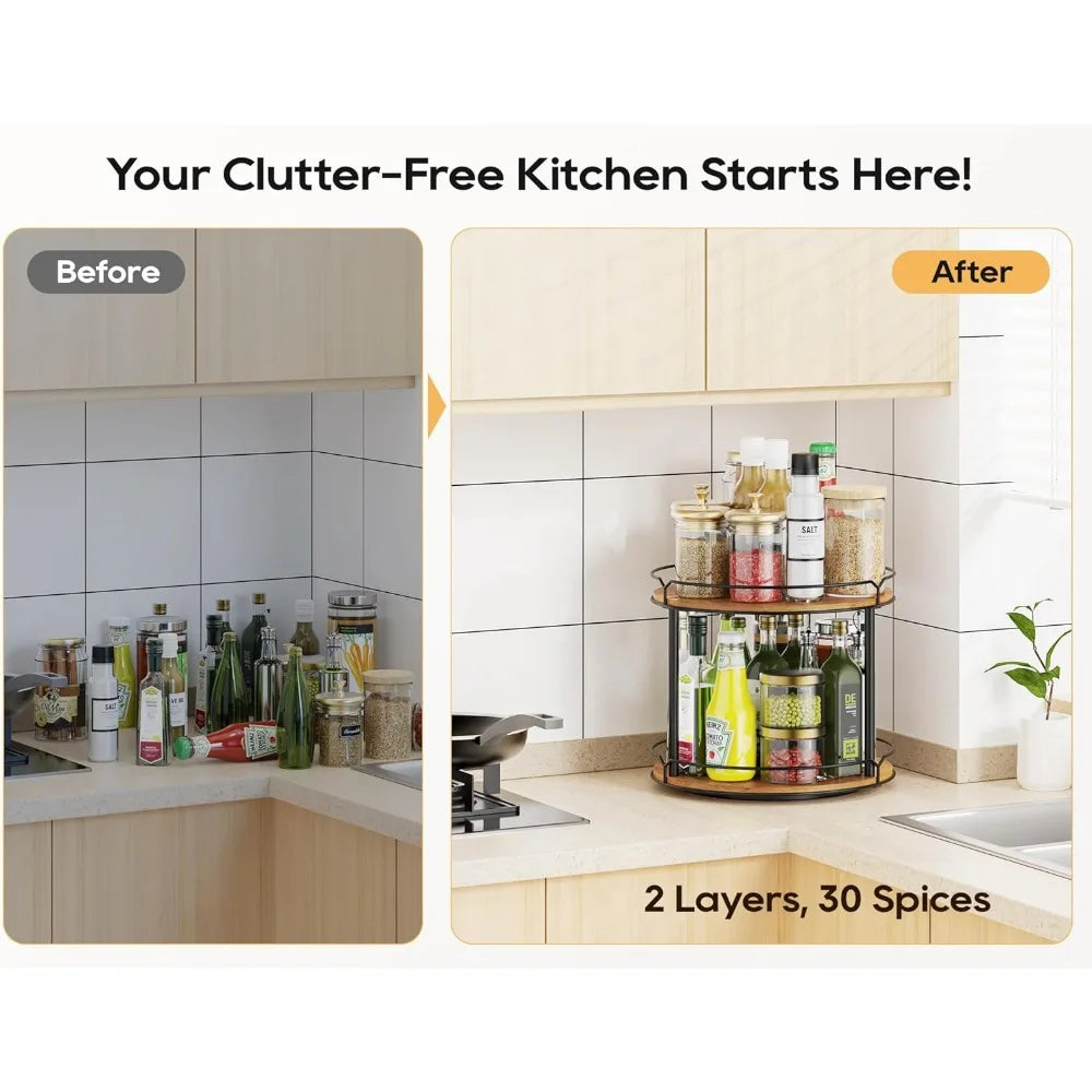 Triple Tier Wooden Rotating Spice Rack Organizer for Kitchen Pantry and Bathroom