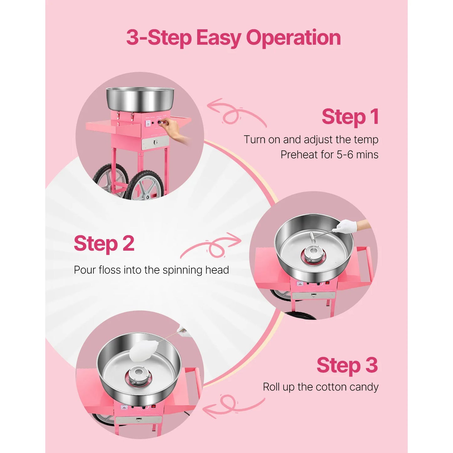 SucceBuy Electric Cotton Candy Machine With Cart 1000W 20.5 Inch Stainless Bowl