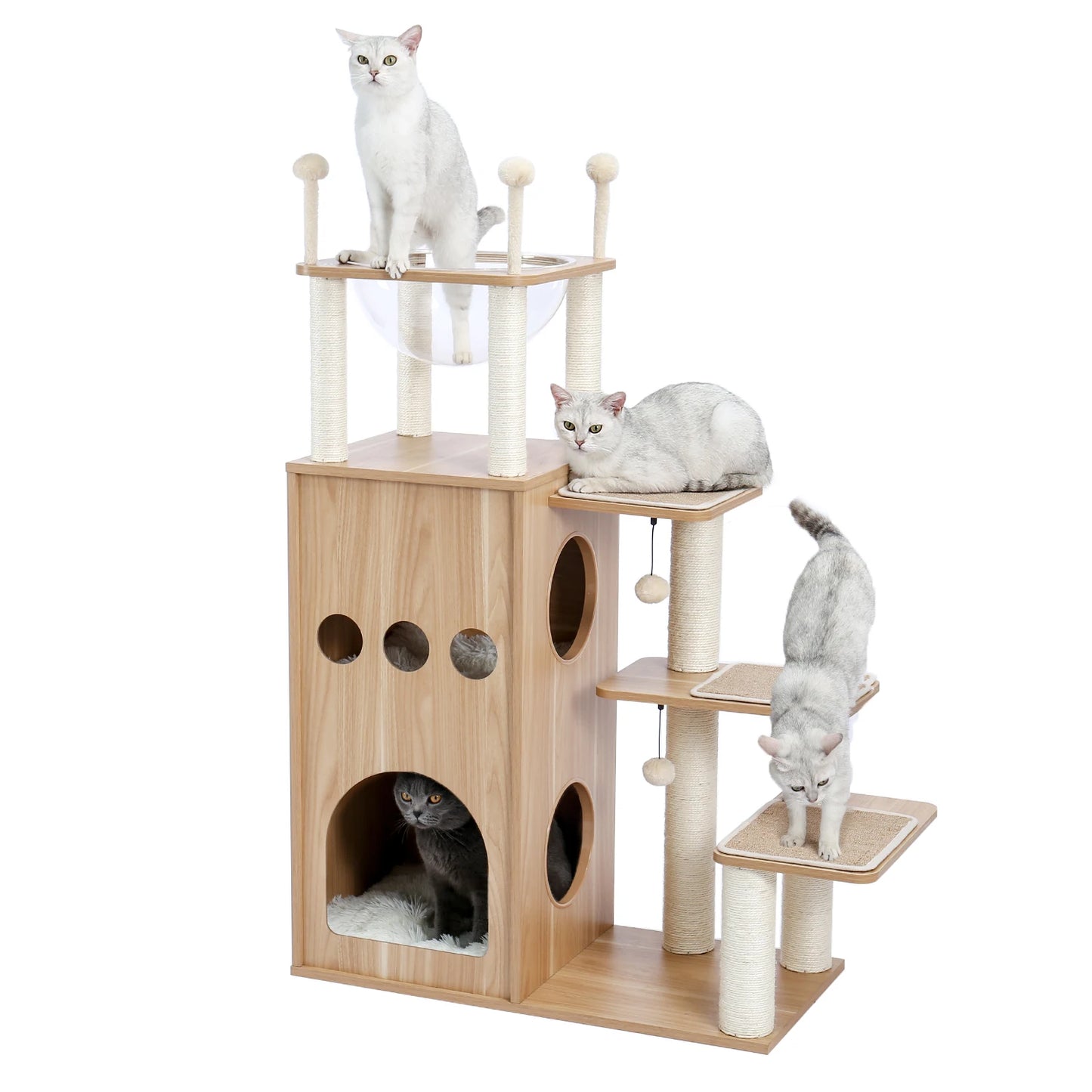 Multi Level Cat Tree Indoor Wood Cat Tower With Scratching Posts And Hammock