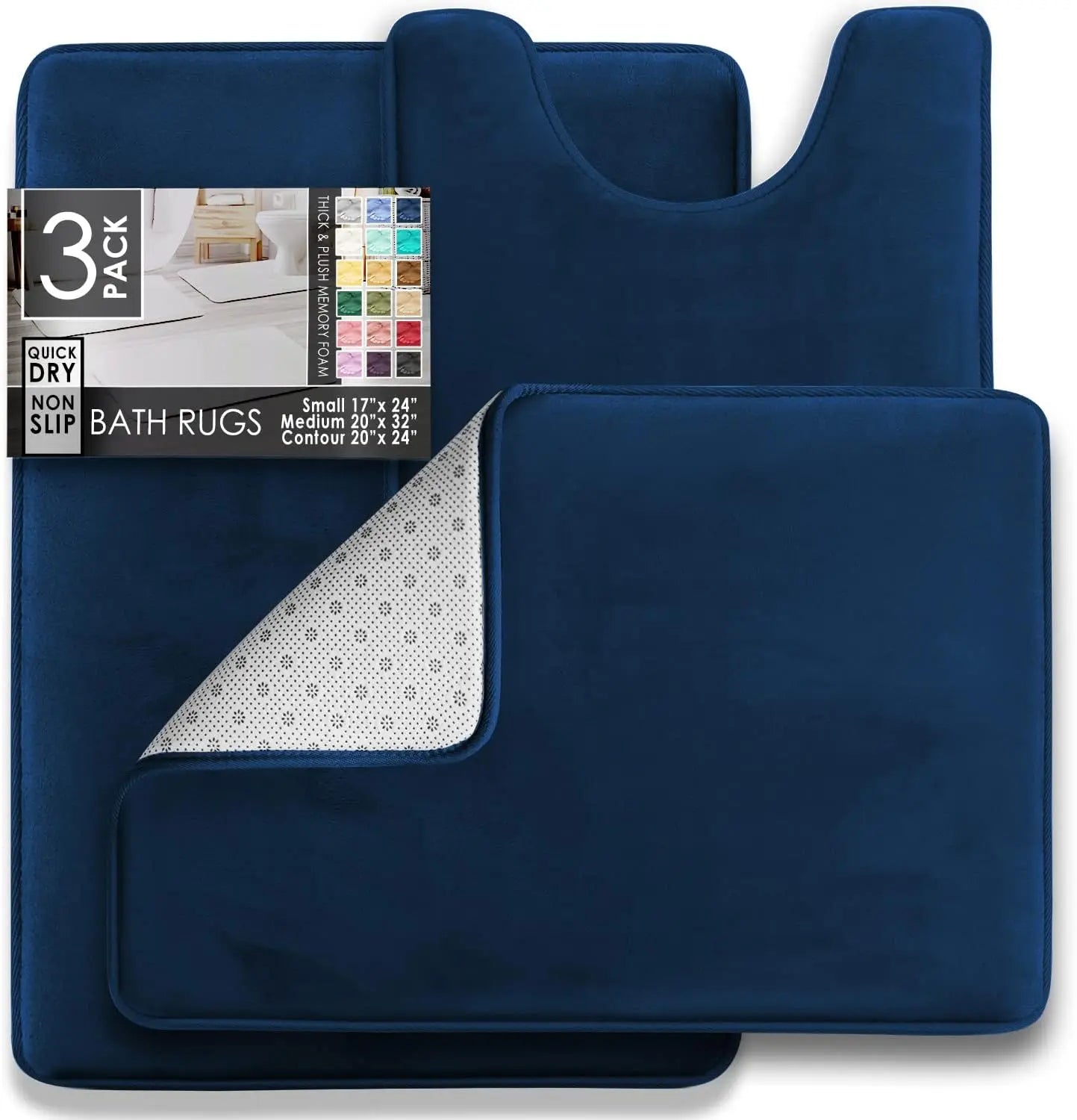 Three Piece Velvet Memory Foam Bath Mat Set Non Slip Quick Dry Washable