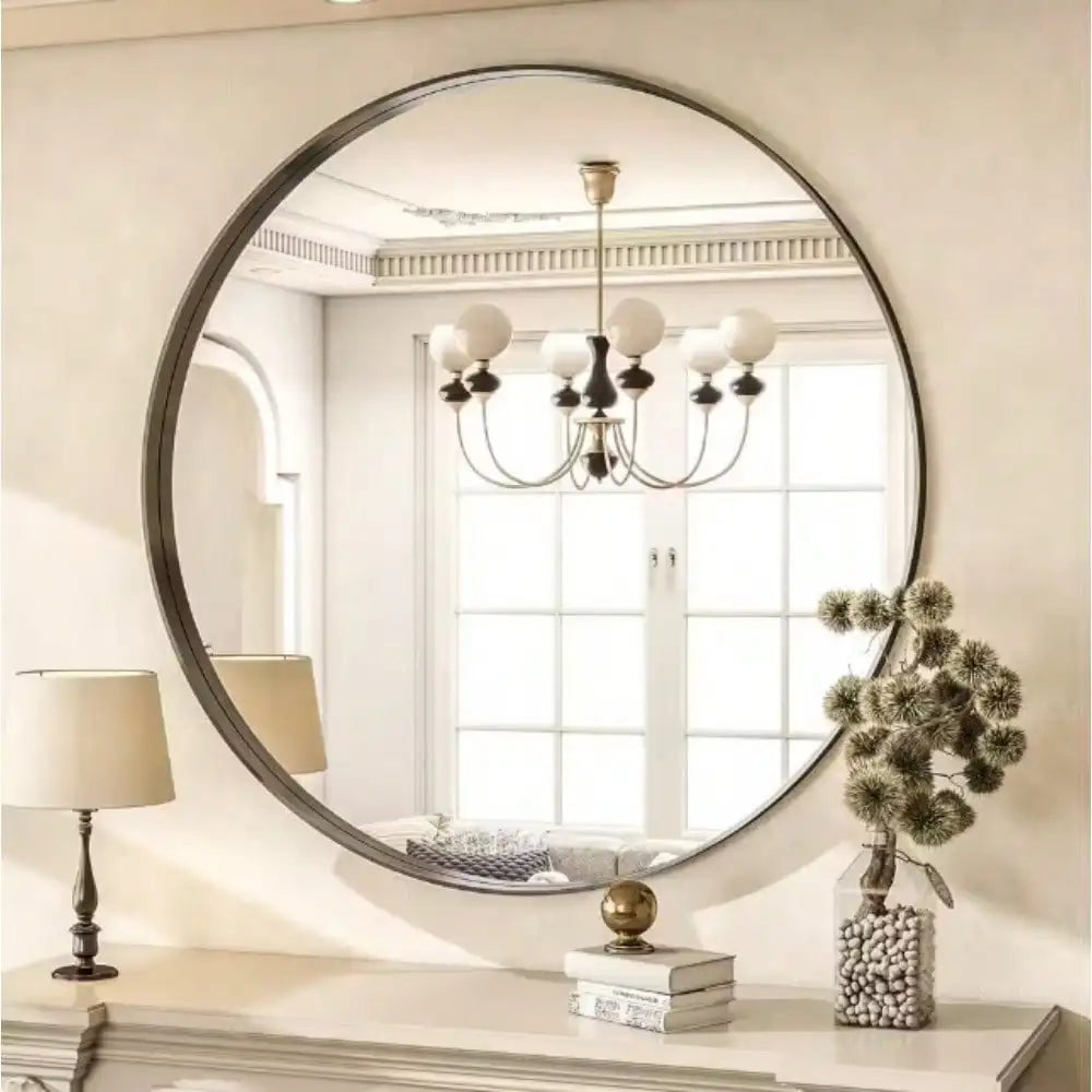 Round Aluminum Alloy Deep Framed Wall Mirror with Simple Metal Frame, Entryway, Bedroom Vanity, Living Room, Hallway Decor