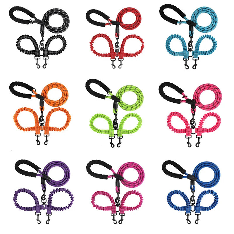 Double Dog Leash Coupler Elastic Rope Nylon Leash for Two Dogs