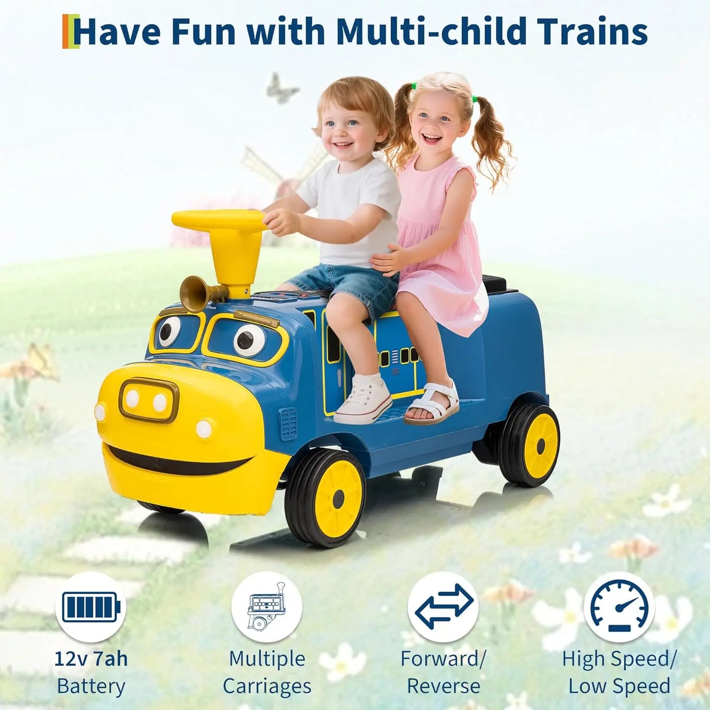2 Seater 12V Trackless Ride On Train For Kids With Adjustable Seat And Storage