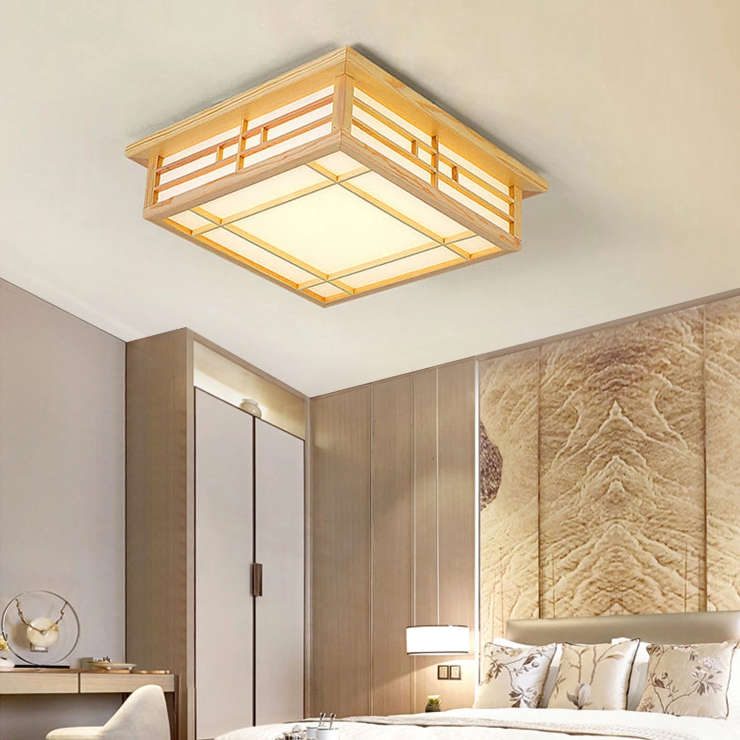 Japan Style Solid Wood Ceiling Lamp With Remote Control LED Flush Mount