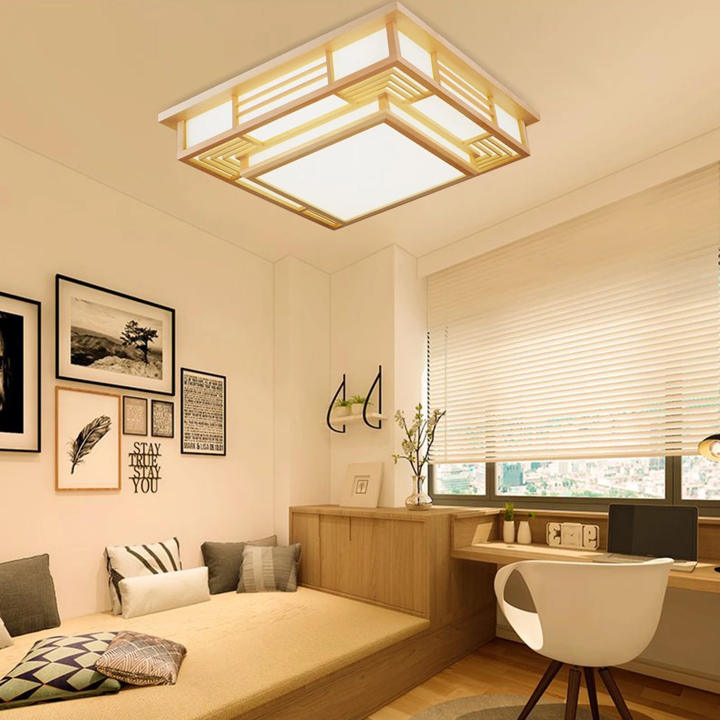 Japan Style Solid Wood Ceiling Lamp With Remote Control LED Flush Mount