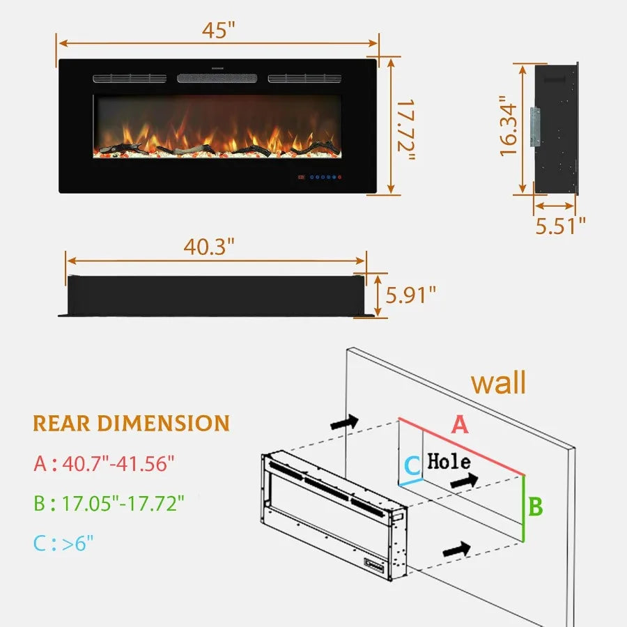 45 Inch Electric Fireplace Inserts For Recessed Or Wall Mounted Installation