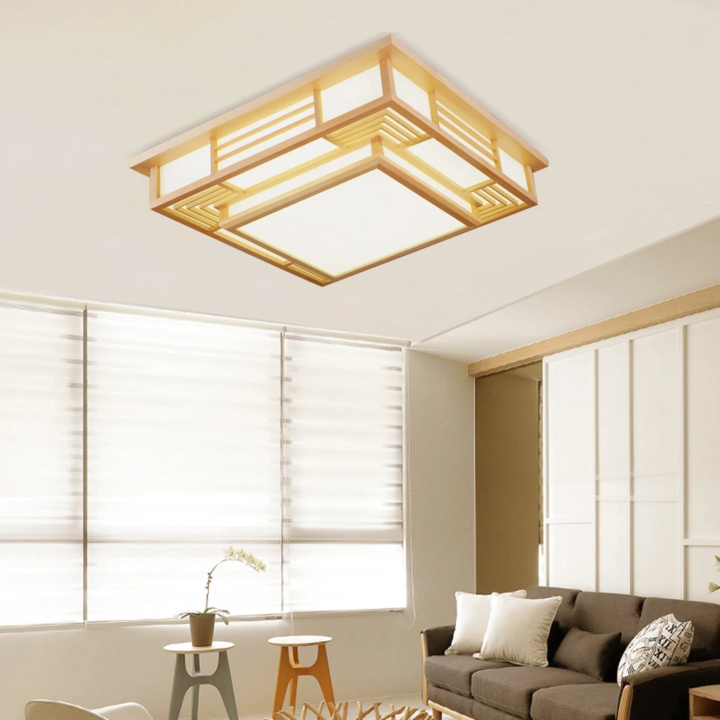 Japan Style Solid Wood Ceiling Lamp With Remote Control LED Flush Mount