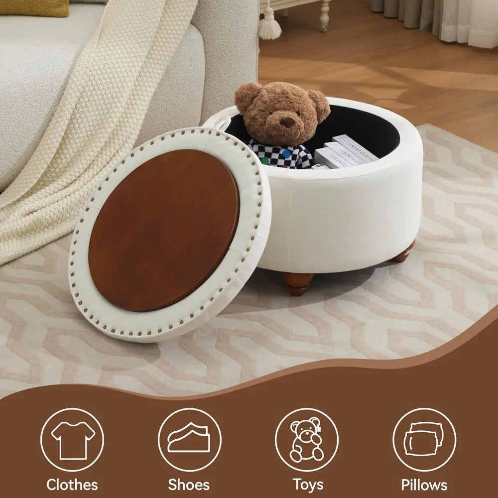 24 Inch Round Storage Ottoman With Removable Tray Tufted Fabric Coffee Table