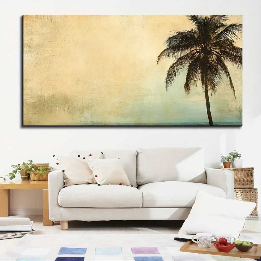 1.5 inch thick pine solid wood frame, golden ocean beach palm tree, sunset landscape coconut tree, landscape painting poster