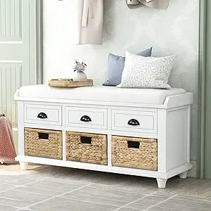 DAFIFY White Washed Wood Storage Bench With 3 Drawers And 3 Rattan Baskets