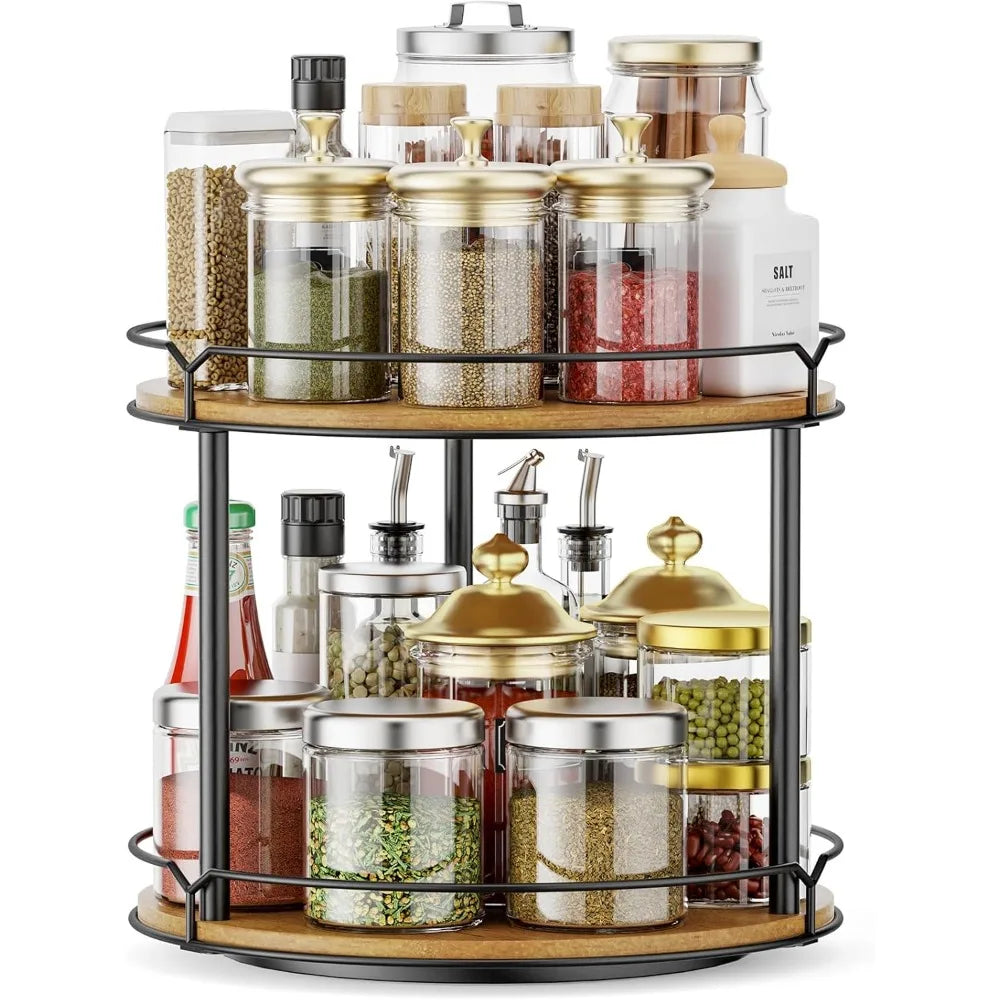 Triple Tier Wooden Rotating Spice Rack Organizer for Kitchen Pantry and Bathroom