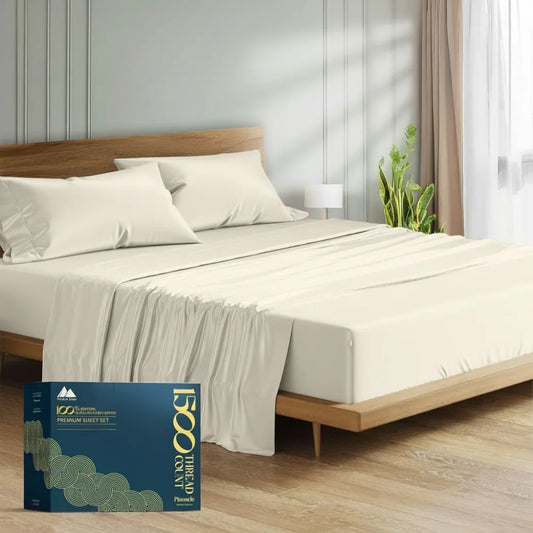Egyptian Cotton King Size Sheet Set 4 Piece Deep Pocket Cooling Sateen Ivory