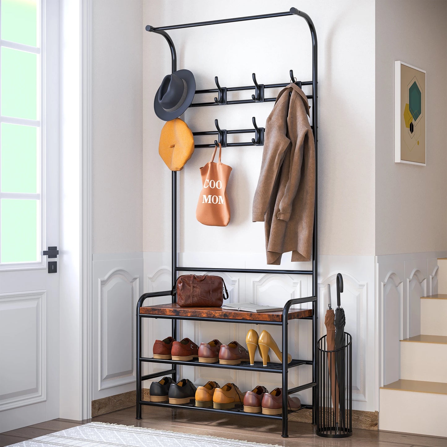 3-in-1 Hall Tree Shoe Rack for Entryway, Coat Tree with 3-Tier Storage Shelf and 8 Hooks, Multifunctional Hallway Organizer