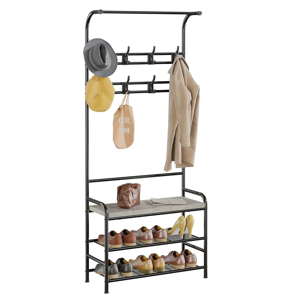 3-in-1 Hall Tree Shoe Rack for Entryway, Coat Tree with 3-Tier Storage Shelf and 8 Hooks, Multifunctional Hallway Organizer