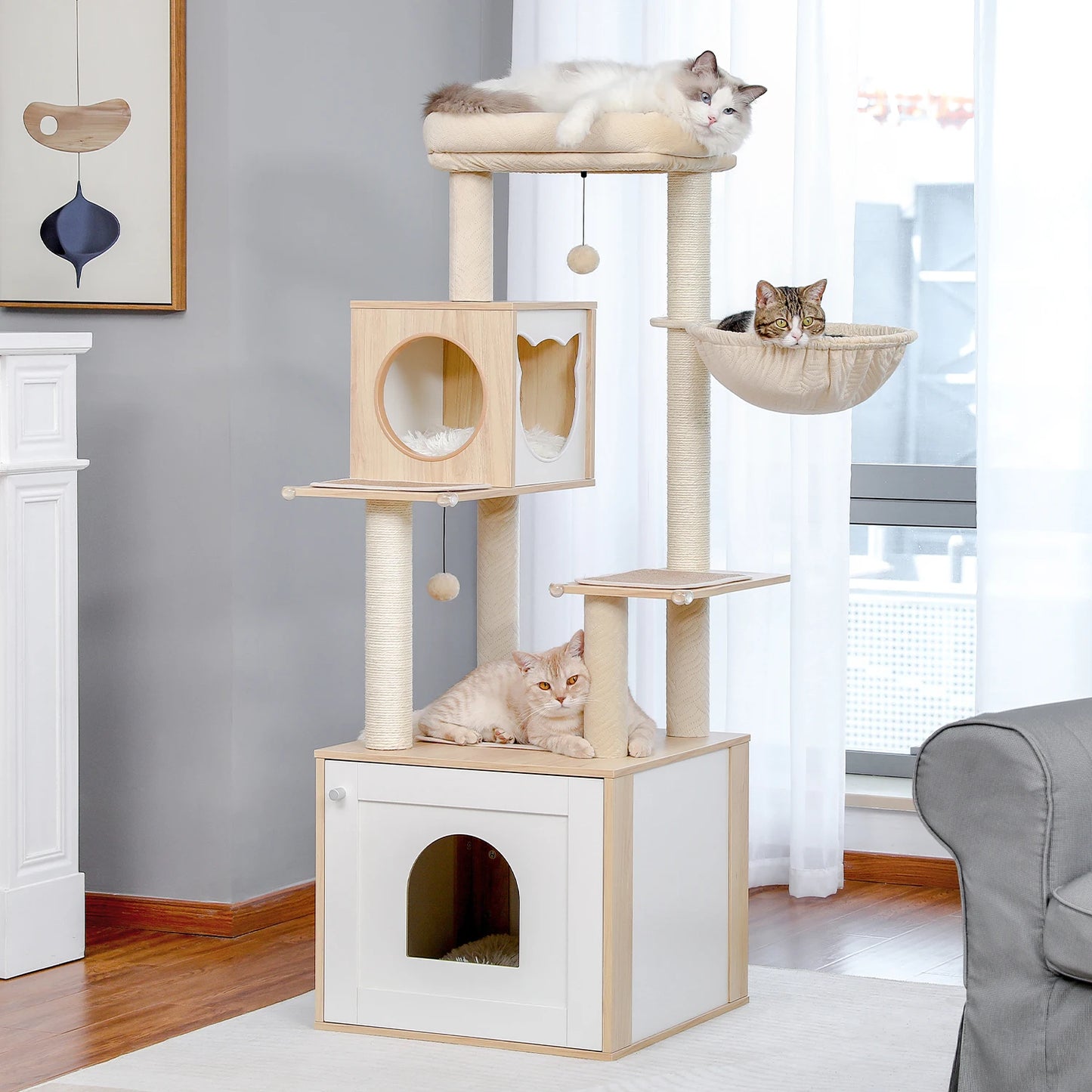 Multi Level Cat Tree Indoor Wood Cat Tower With Scratching Posts And Hammock