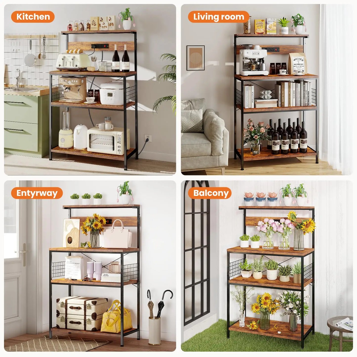 JHK 31.5 Inch Kitchen Bakers Rack Power Outlet And Microwave Oven Stand