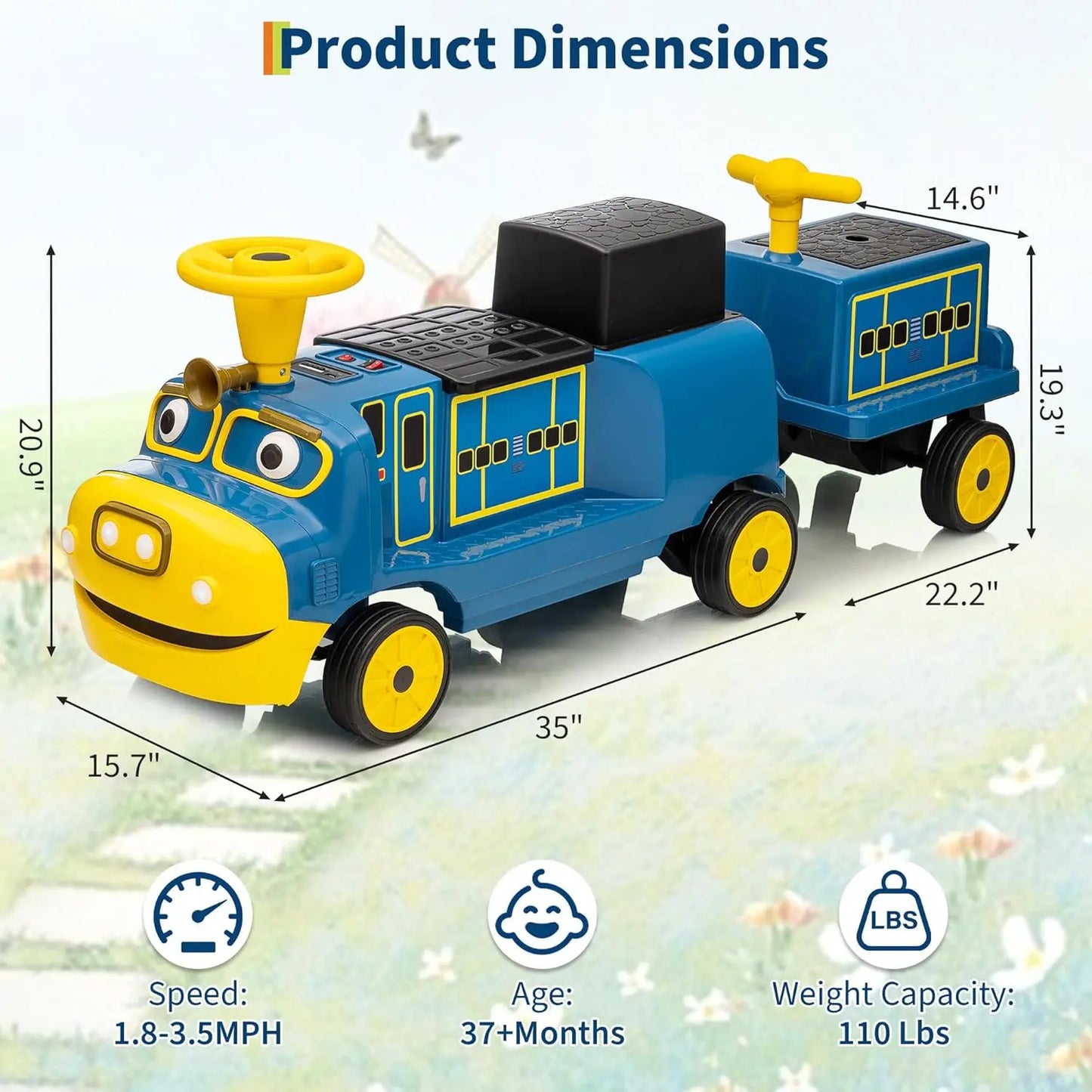 2 Seater 12V Trackless Ride On Train For Kids With Adjustable Seat And Storage