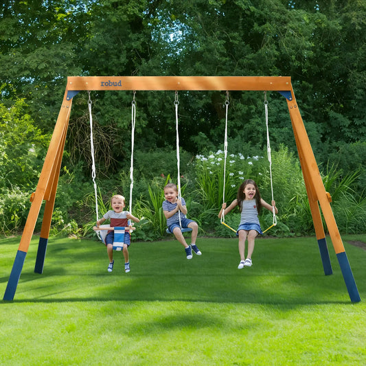 Robotime Robud 3 In 1 Wooden Playground Swing Set For Backyard With Tree Swing