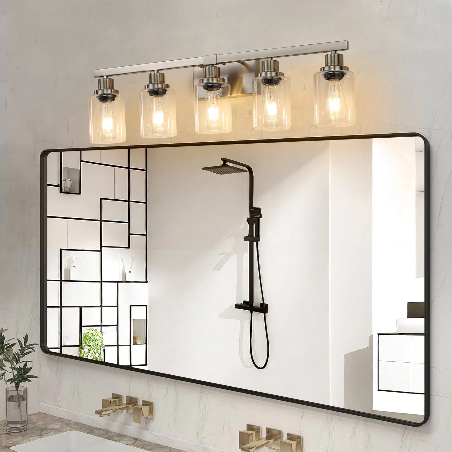 Modern Industrial Bathroom Vanity Light Five Light Sconce Clear Glass Lampshades