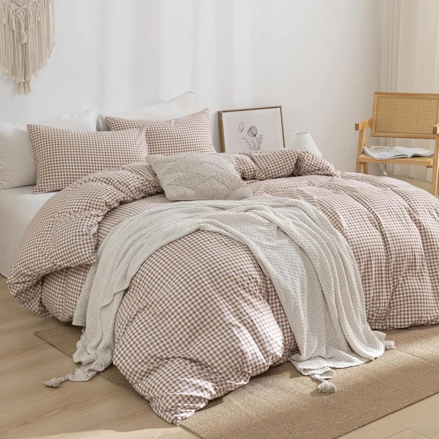 Tan Gingham Duvet Cover Bedding Set 3 Piece Extra Soft Breathable Brown Plaid