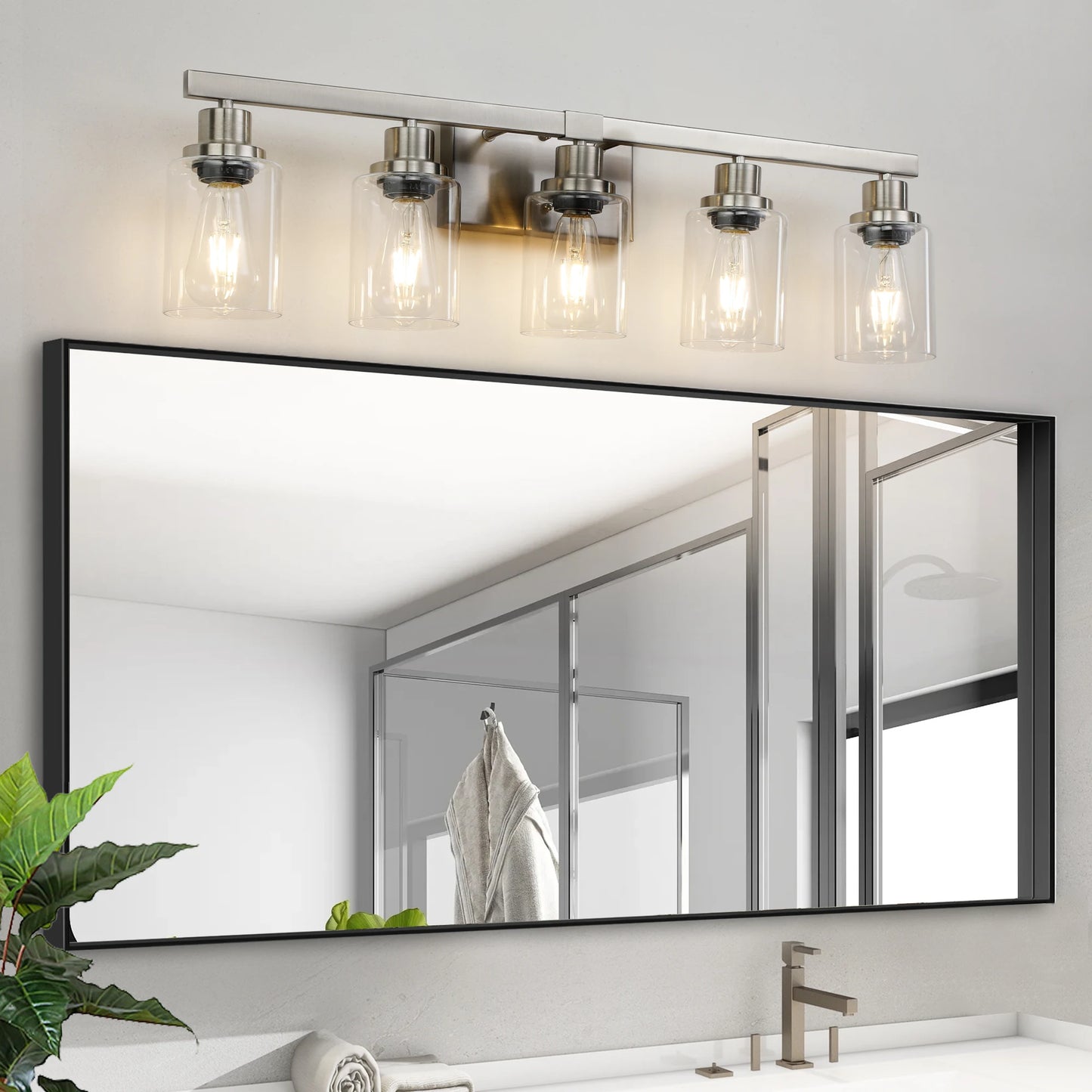 Modern Industrial Bathroom Vanity Light Five Light Sconce Clear Glass Lampshades