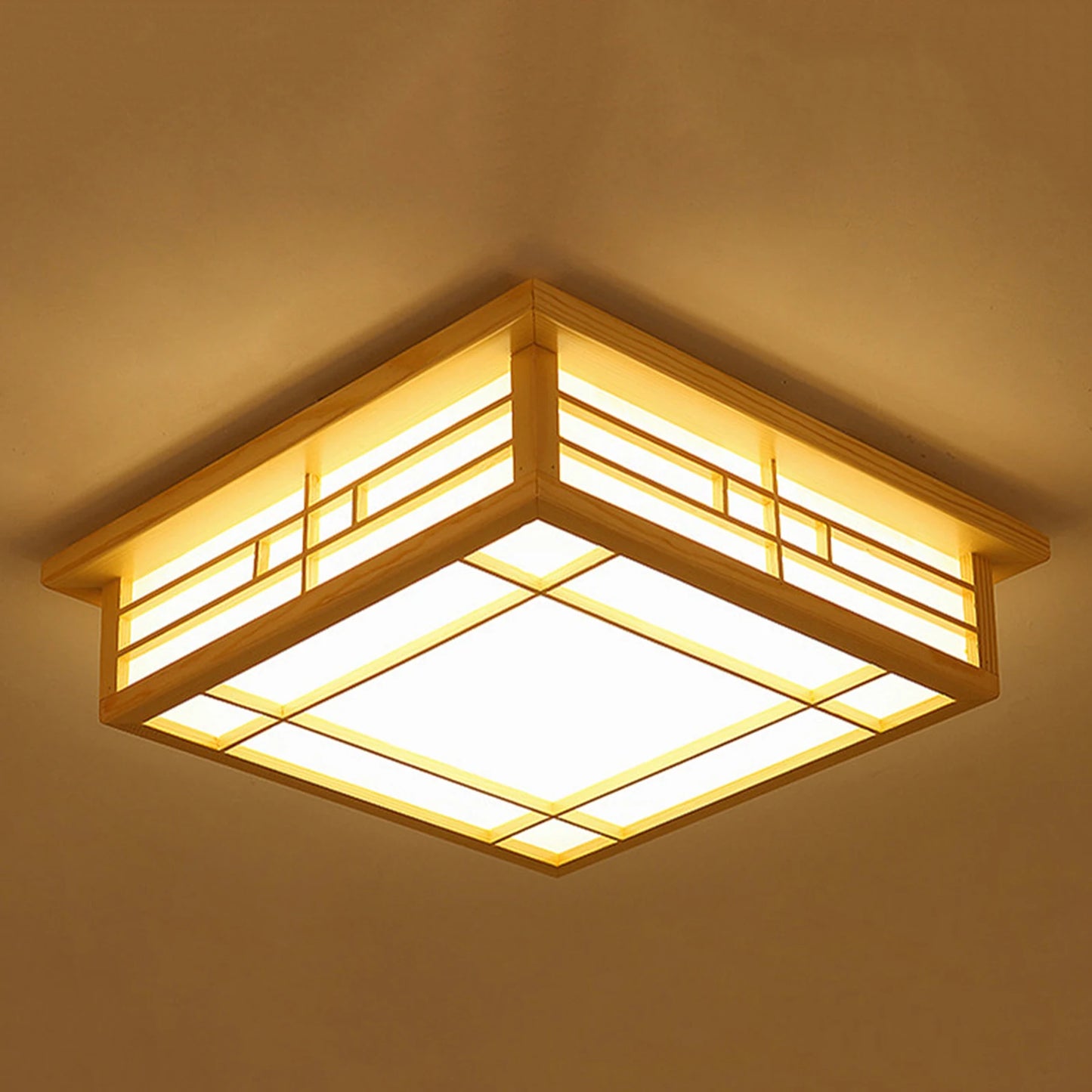 Japan Style Solid Wood Ceiling Lamp With Remote Control LED Flush Mount