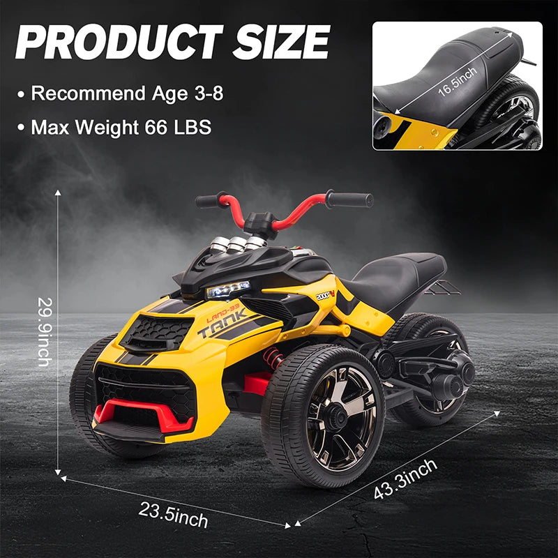 12V Kids ATV Ride On Three Wheel Electric Toy For 3 To 8 Years Lights Music