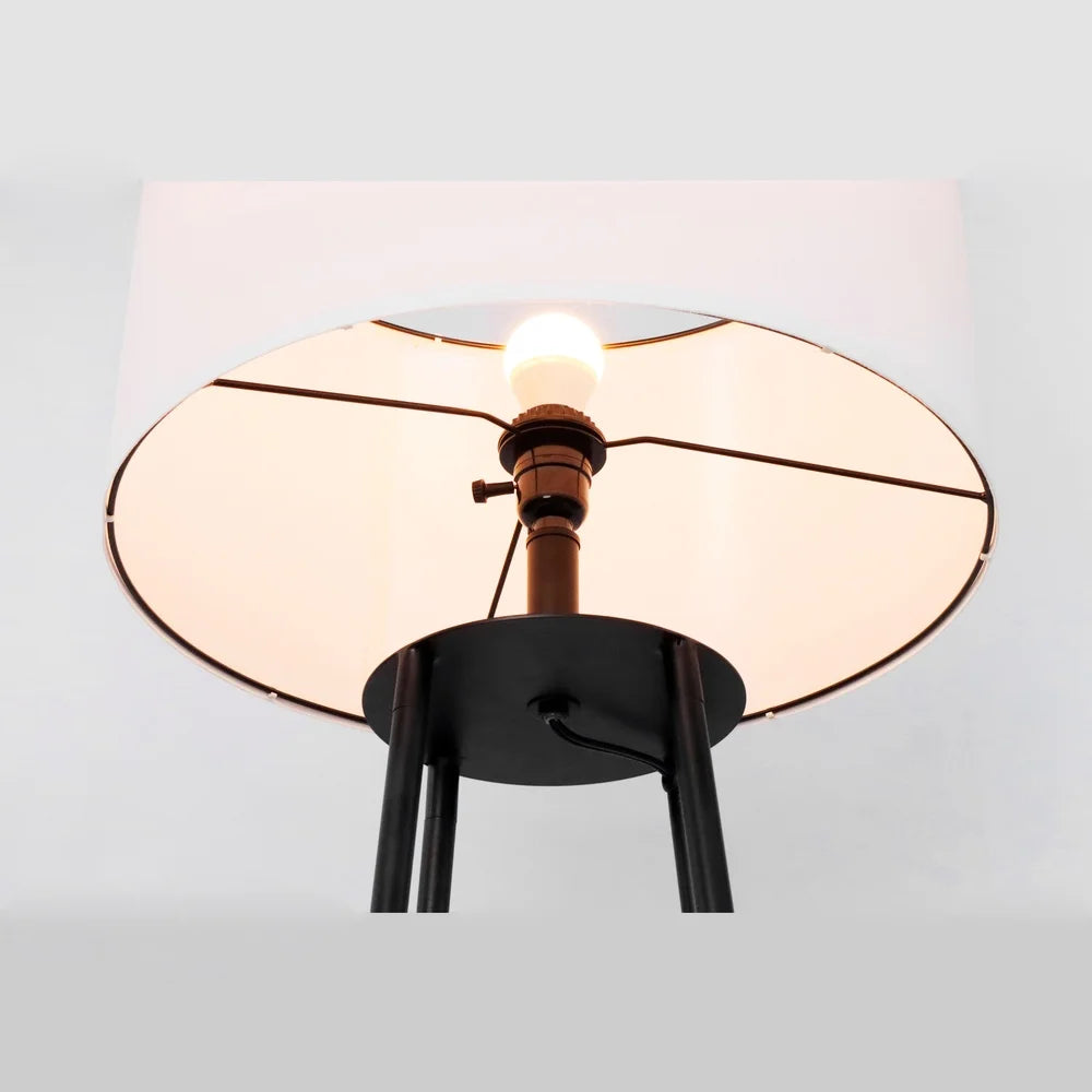 62 Inch Matte Black Floor Lamp with 2 Wood Shelves Energy Efficient LED Light Indoor Use Adjustable Head Mid Century Modern