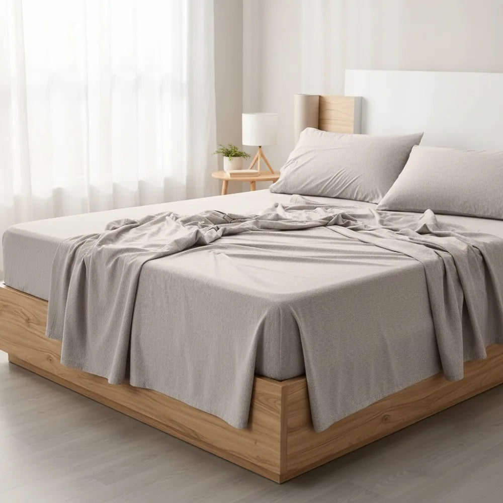 King Jersey Knit Sheet Set 4-Piece - Soft Stretchy Cotton Blend Bedding in Heather Oatmeal