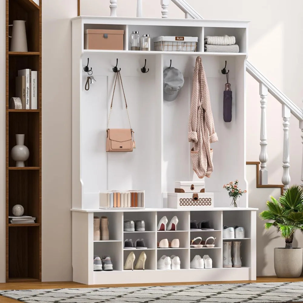 Hanger with Bench and Shoe Cabinet, 53 Storage Boxes with Hangers, 6 Hooks, 12 Shoe Cabinets