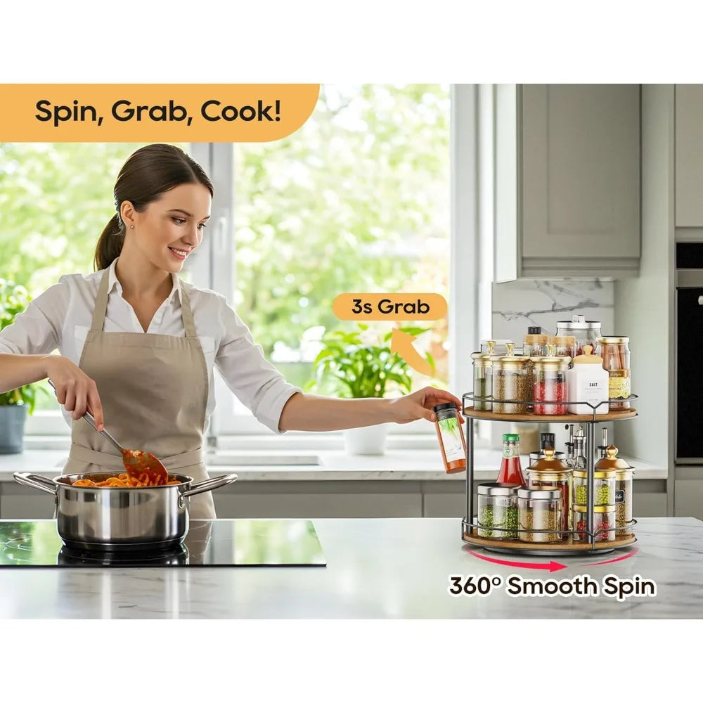 Triple Tier Wooden Rotating Spice Rack Organizer for Kitchen Pantry and Bathroom