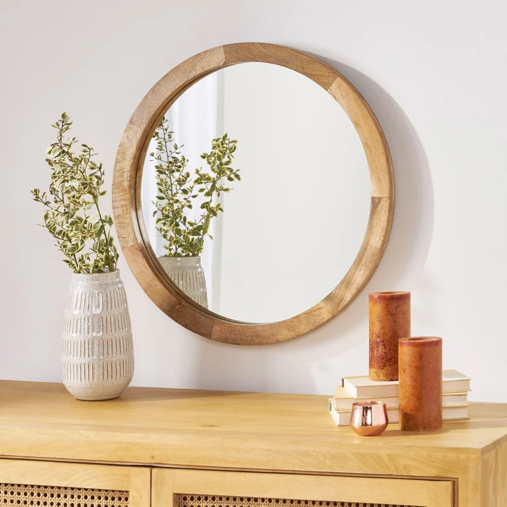 Modern Round Mirror with Mango Wood Frame Wall Decor Handcrafted Accent Piece Living Room Bedroom Hallway No Assembly Required