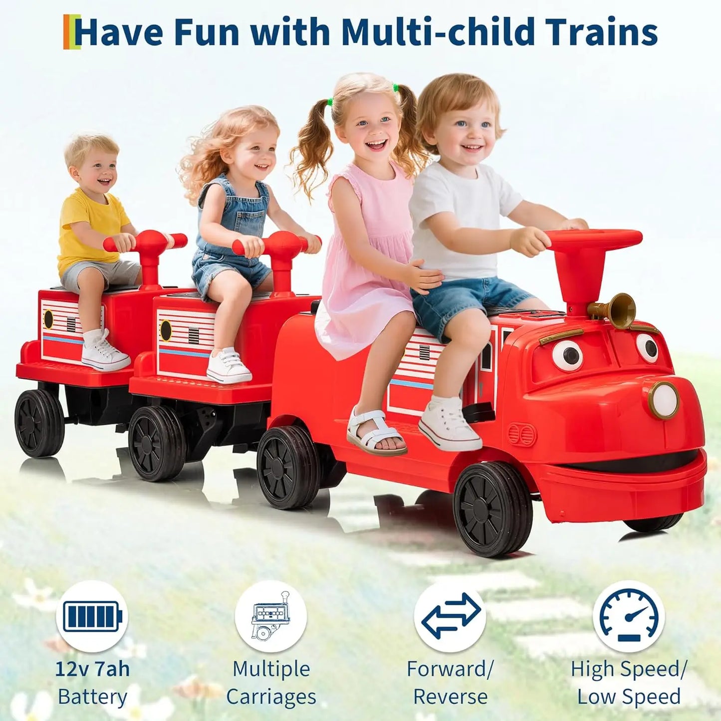 2 Seater 12V Trackless Ride On Train For Kids With Adjustable Seat And Storage