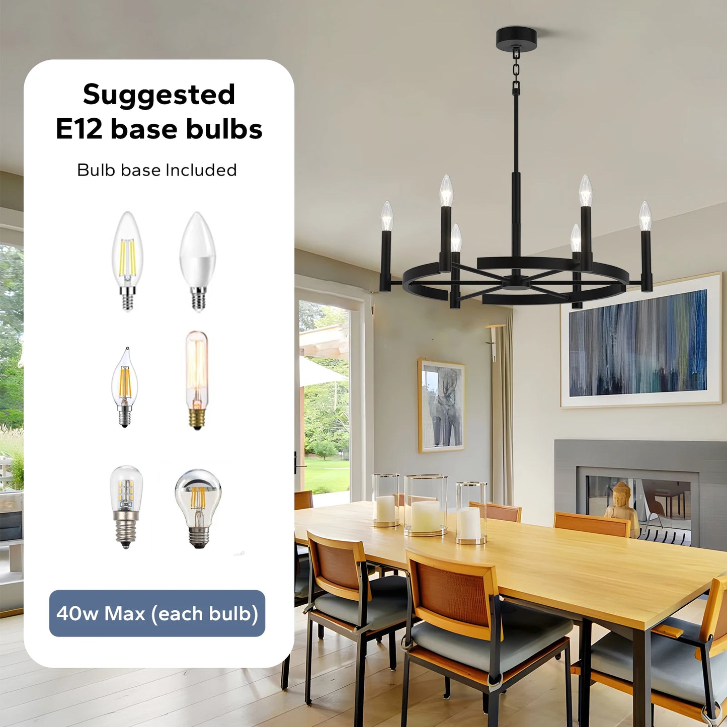 30In Wagon Wheel Chandelier 6 Light Industrial Farmhouse Iron Pendant E12 Base