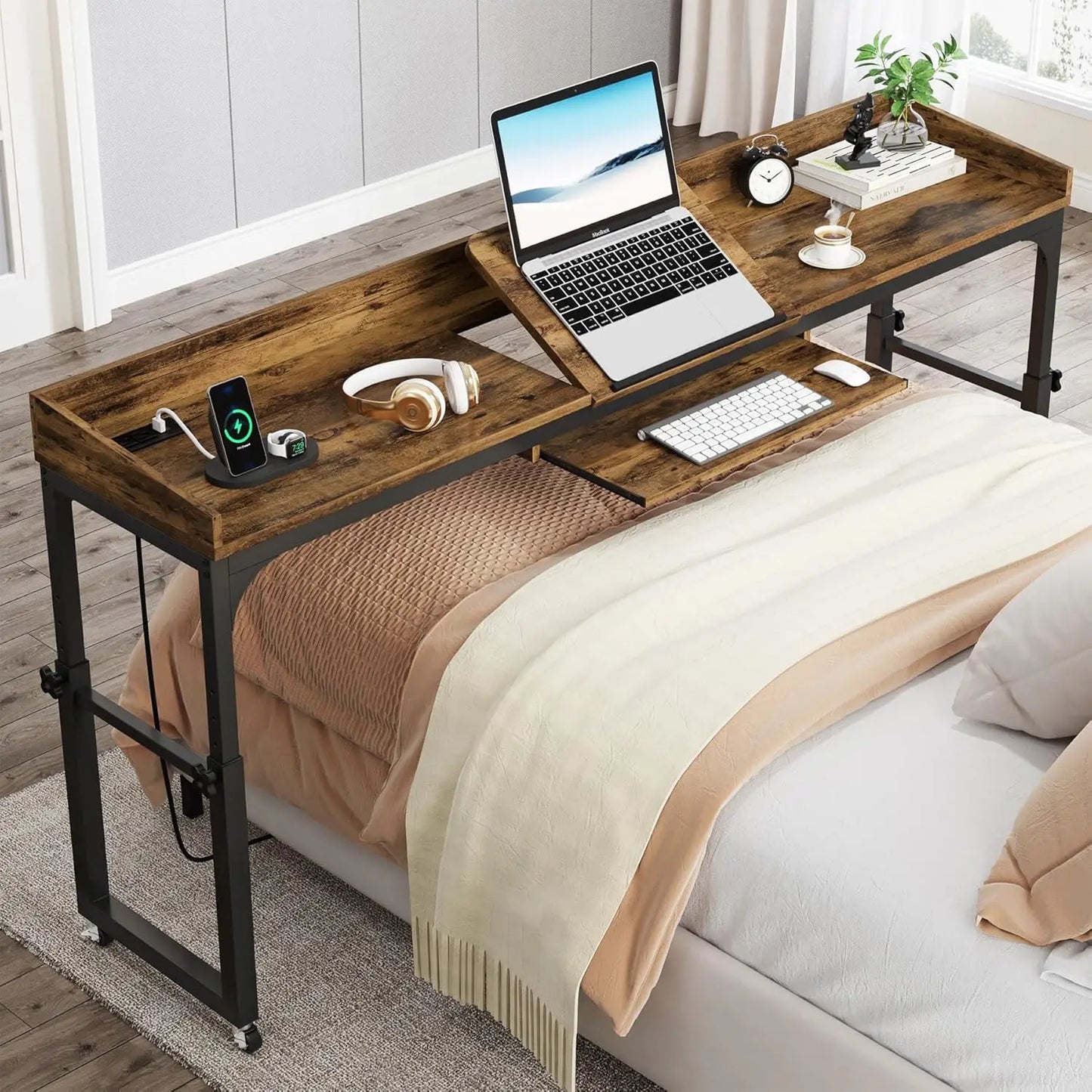 Height Adjustable Overbed Table With Wheels Queen Size Laptop Cart Desk